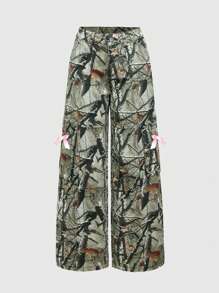 ROMWE Kawaii Y2K Streetwear 迷彩印花蝴蝶结低腰阔腿女式牛仔裤