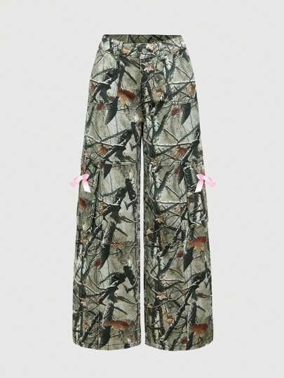 Kawaii Y2K Streetwear Camo Print Bowknot Low Waist Wide Leg Women Jeans