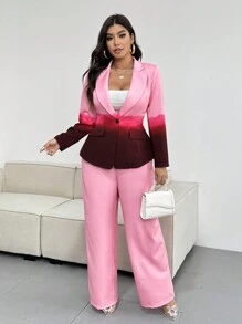 SHEIN Unity 2pcs/Set Plus Size Rainbow Tie-Dye Print Lapel Single Button Blazer Jacket + Pants Suit - Multicolor - View 2