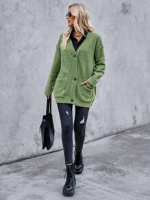 Chiquease Women Solid Color Drop Shoulder With Pockets Button Down Cardigan Fall Cloth For Women