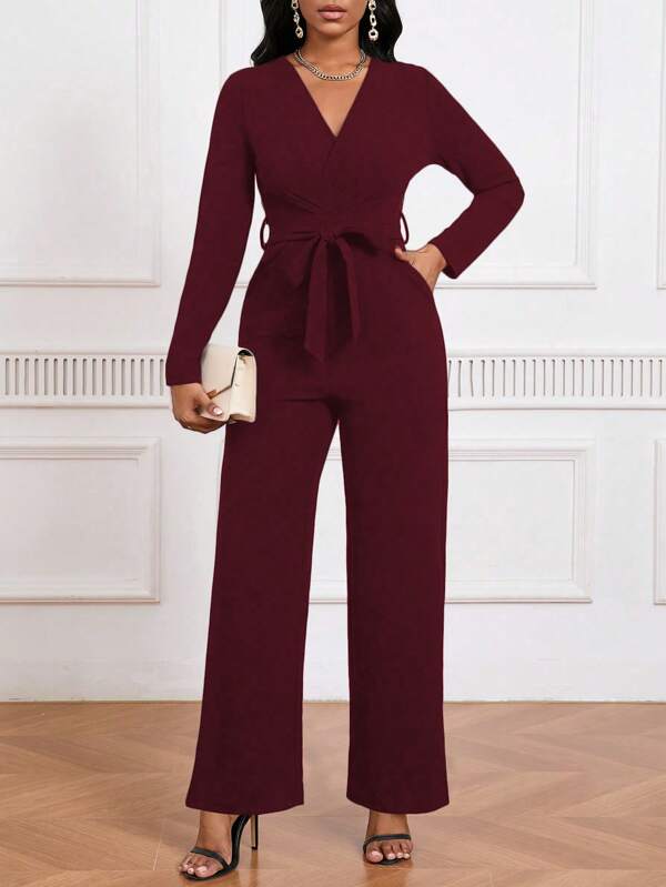 Lyxana 1pc Women's Solid Color C-Neckline Tie Waist Pockets Elegant Long Sleeve Jumpsuit