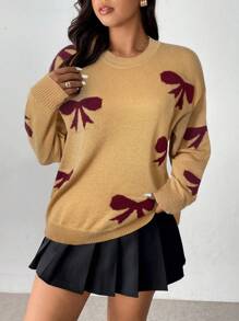 Flirla Plus Size Bowknot Jacquard Drop Shoulder Sweater For Autumn/Winter Knit Pullover Fall - Orange - View 1