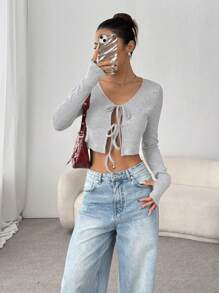 Flirla Vintage American Stylish Short Cardigan For Women, V-Neck Tie-Front Knit Cropped Sweater, Long Sleeve Tee, Slimming, Autumn