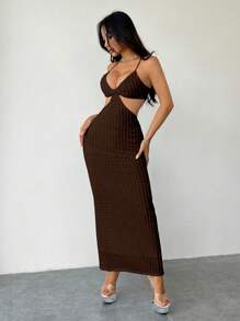 SHEIN Unity 女士性感纯色镂空背带连衣裙超长款女装 - 咖啡棕 - 查看 4