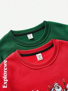 SHEIN 2pcs/Set Young Boy Long Sleeve Santa Claus & Snowman Skiing Print Sweatshirt Outfit, For Christmas - Multicolor - View 3