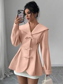 Elenzga 女士优雅纯色蝴蝶结装饰腰部收腰外套，秋冬款 - 淺粉色 - 查看 5
