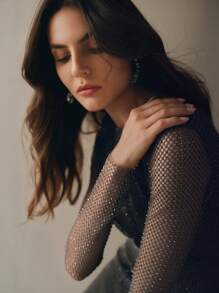 Anewsta Vestido transparente de manga larga con detalles de strass - Gris - Ver 9