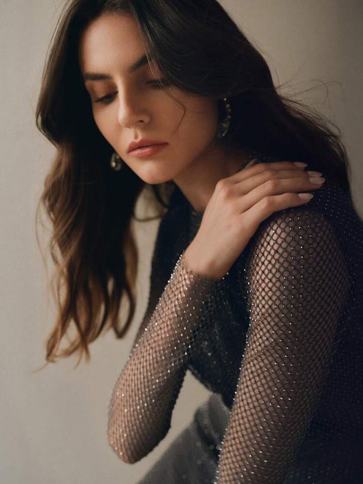 RHINESTONE Detail Long Sleeve Sheer Dress