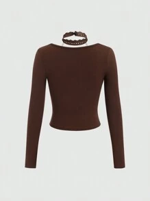 Sweetra Áo thun tay dài cổ yếm họa tiết cà phê có nơ trang trí Y2K - Cà phê nâu - Xem 2