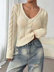 Flirla Damen V-Ausschnitt Langarm Lässig Strickpullover, einfarbig, Herbst/Winter Strickpullover - Weiss - Übersicht 5
