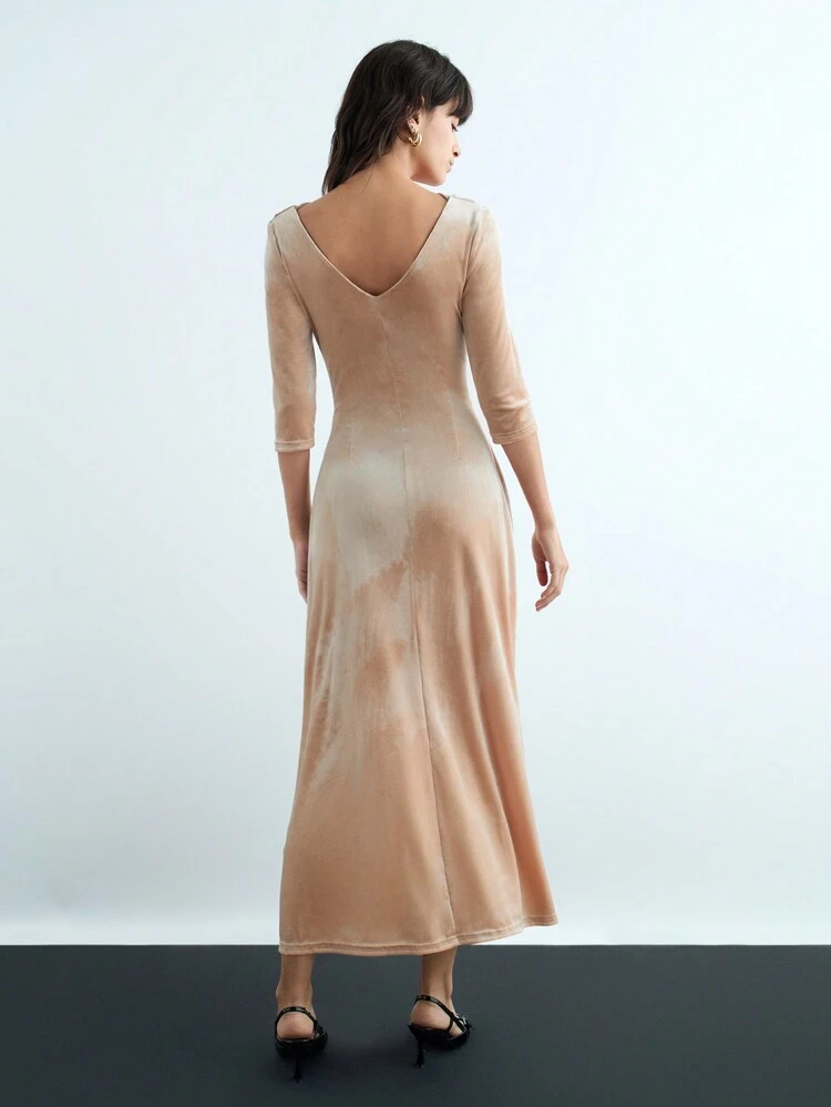 SHEIN Maija New Autumn/Winter Urban Elegant & Chic Casual Women Champagne Color Long Midi Dress With Flared Sleeves & Draped Neck, Suitable For Holiday & Party Wear