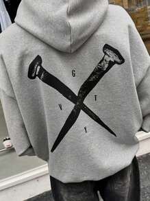 DAZY Autumn Men's Nail Pattern Thicken Hoodie - Grey - View 6