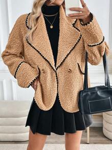 SHEIN Clasi 休闲拼色仿羊毛夹克，秋冬 - 卡其色 - 查看 6