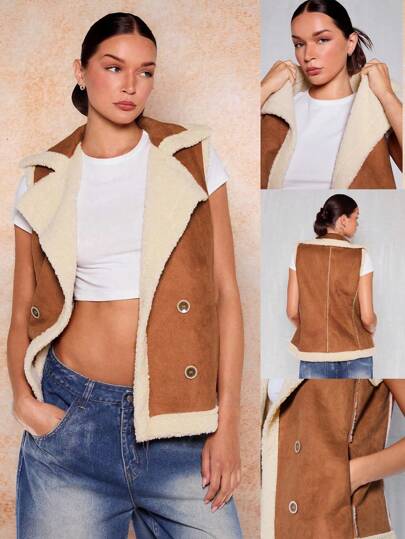 Glamine Charming Christmas One Piece Women's Spliced ​​Suede Contrast Color Sleeveless Double-Breasted Large Lapel Brown Casual Jacket Suitable For Outing Street Fashion Women's Winter Overcoat Festival Workplace Office