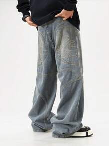 ROMWE MEN Street Life Quần Jeans Ống Rộng Thêu Rách Thường Ngày Cho Nam - Đồng - Xem 1