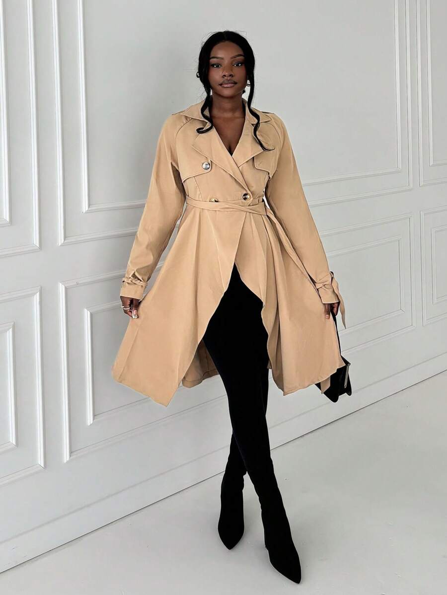 SHEIN BamGlam Women's Khaki Trench Coat, Casual, Commute, Sexy, Street