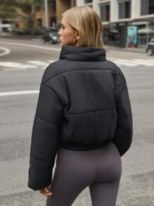 Flirla Women's Autumn/Winter Clothes Quilted Padded Stand Collar Drop Shoulder Cropped Hem Ribbed V Splice Casual Short Padded Padded Coat - Black - View 2