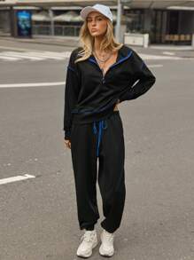 Tropiluxe 2pcs/Set Women Contrast Trim Zip-Up Long Sleeve Top & Drawstring Long Pants Casual Suit Tracksuit For Sport Wear