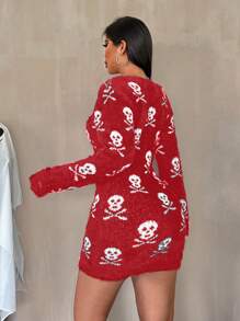 Zolique New Halloween Skull Pattern Bodycon Plush Crew Neck Long Sleeve Distressed Sweater Dress Fall Cloth For Women - Red - View 4