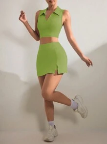 Easithlete Solid Color Slim Fit Cropped Tank & Skirt Shorts Sports Set