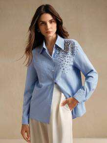 Anewsta Camicetta elegante da donna con strisce e decorata a mano con cristalli