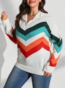 SHEIN LUNE Plus Size Women's Contrast Color Turtleneck Zip-Up Knitted Pullover Sweater, Casual Minimalist Style, Suitable For Halloween, New Year, Valentine's Day, Thanksgiving, Christmas, Easter, National Day, Gala, New Year's Eve, For Winter  Fall Outfit