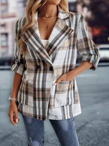 Chiquease Plaid Office Minimalist Jacket For Ladies Fall Cloth For Women - Coffee Brown - View 3
