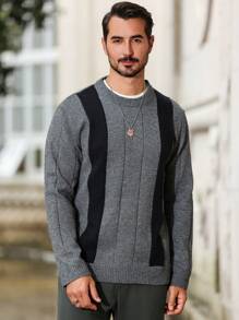 Manfinity Homme Pull col rond casual à manches longues avec graphique en couleur contrastée et bloc de couleur pour hommes, pour le travail et entre amis - Gris - Voir 3