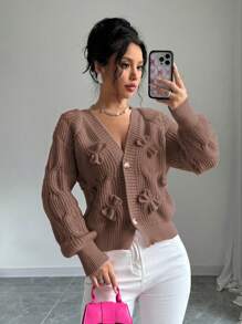 Elenzga Áo len cardigan trơn màu giản dị có nơ trang trí cho nữ, mùa thu/đông - màu nâu - Xem 1