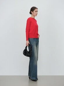 SHEIN Clasi 一件简约优雅斜肩长袖针织毛衣，秋冬款 - 紅色 - 查看 3