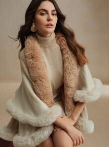 Anewsta Áo len cardigan dệt kim hai lớp thời trang thu đông mới của phụ nữ châu Âu và Mỹ cổ điển, áo choàng poncho thanh lịch viền bông - Lạc đà - Xem 6