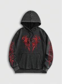 ROMWE MEN Street Life Men's Washed Casual Daily Graphic Print Drawstring Hoodie, Autumn - Black - View 1