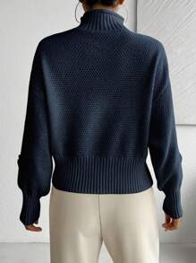 RosyDaze Floral Applique Solid Color High Neck Elegant Long Sleeve Pullover Sweater Knit Pullover Fall Winter - Navy Blue - View 2