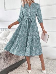 SHEIN Clasi 女式长立领碎花连衣裙 长款女装 - 藍色 - 查看 6