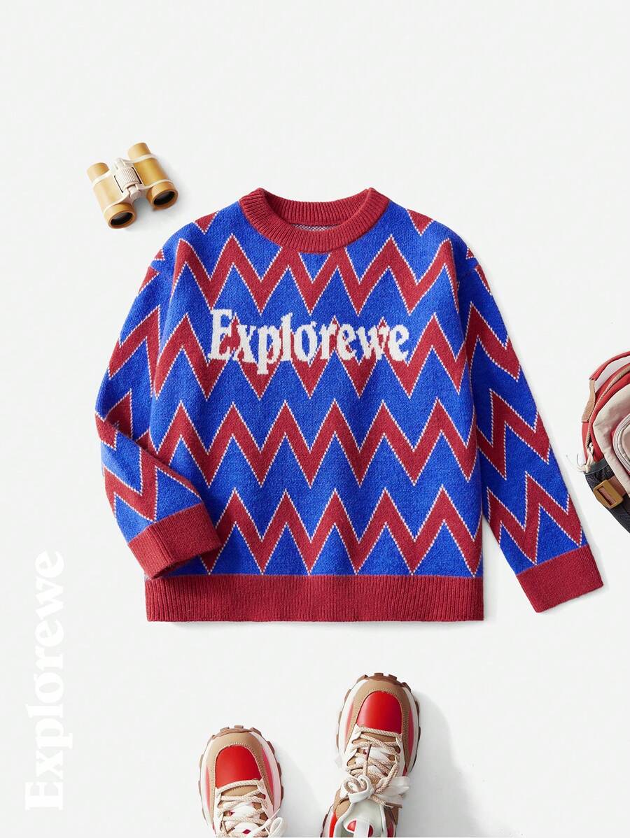 SHEIN Tween Boy 字母与锯齿形印花圆领休闲套头毛衣 - 藍色 - 查看 1