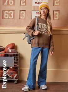 SHEIN 1 件休闲城市风格都市女孩橄榄球图案提花套头衫，秋冬季，中性，适合上学、聚会、日常穿着