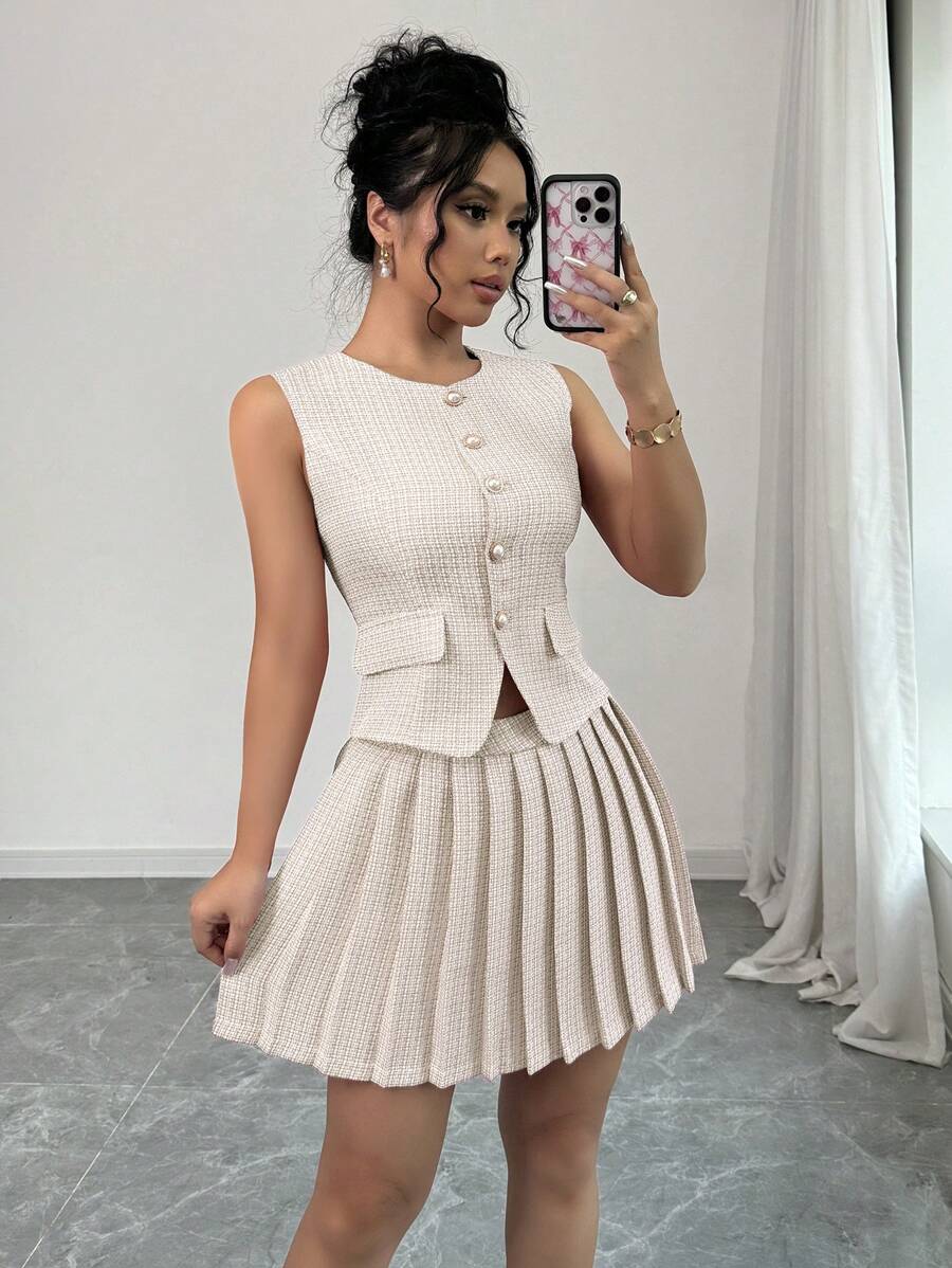 Elenzga 1 Set Solid Front Button Round Neck Sleeveless Top And Pleated Skirt Elegant Outfits - Multicolor - View 1