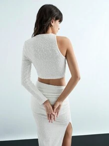 Maija Falda media sofisticada, urbana y elegante de mujer de punto texturizado blanco elástico, para otoño/invierno, de regreso a la escuela y para fiestas