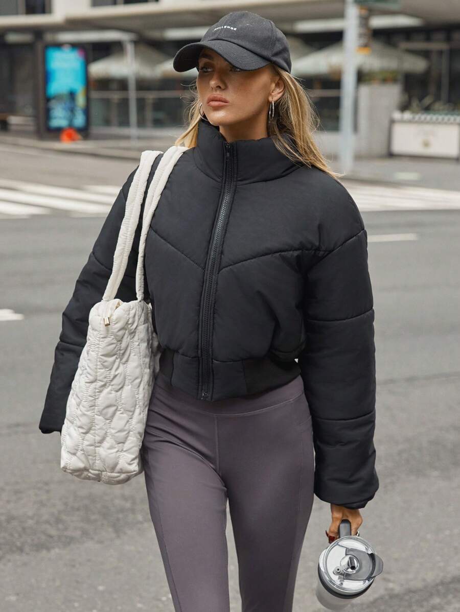 Flirla Women's Autumn/Winter Clothes Quilted Padded Stand Collar Drop Shoulder Cropped Hem Ribbed V Splice Casual Short Padded Padded Coat - Black - View 1