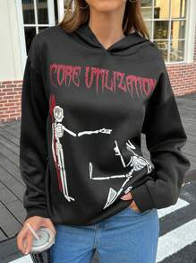 INAWLY Women's English Letter & Skull Ugly Floral/Funny Print Hooded Sweatshirt, Casual Mid-Length Hoody For Autumn & Winter