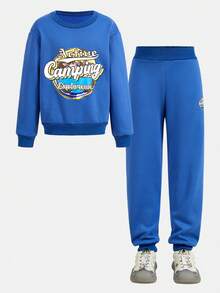 SHEIN Tween Boy 字母与图形印花圆领长袖连帽衫和运动裤休闲套装 - 藍色 - 查看 4