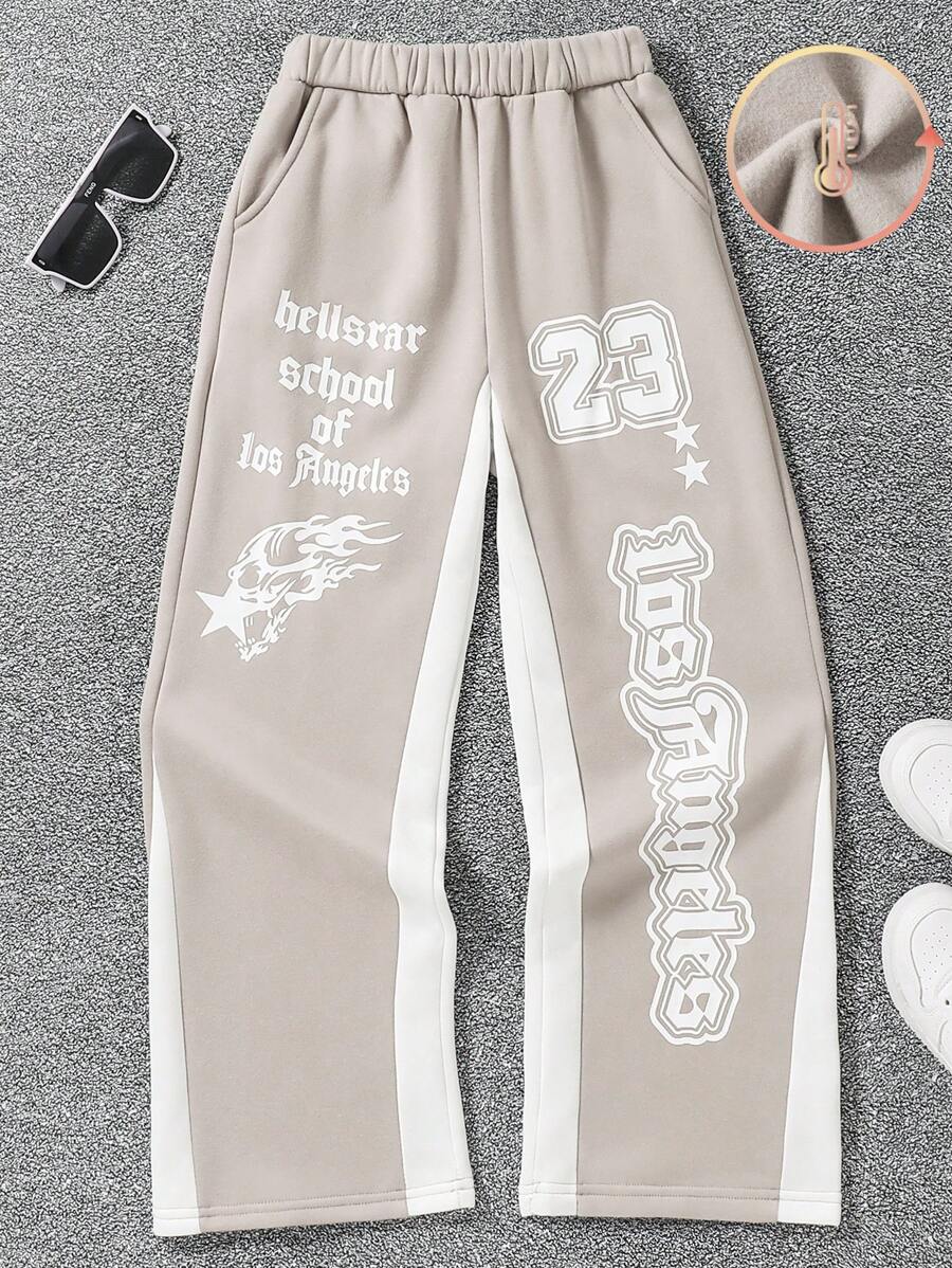 SHEIN Tween Boy Cartoon Letter Print Elastic Waist Drawstring Slant Pocket Athletic Sweatpants - Khaki - View 1