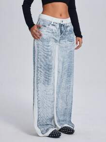 SHEIN ICON 女式纯色拼布前扣口袋休闲牛仔裤 Grunge 低腰直筒宽松牛仔裤 - 彩色 - 查看 4