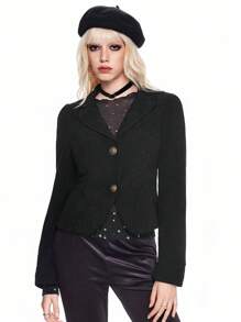 ROMWE Women Vintage Bowknot Waist Suit Jacket - Black - View 2