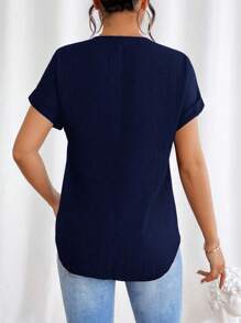 SHEIN LUNE 纯色 V 领半拉链休闲百搭短袖衬衫 - 藍色 - 查看 2