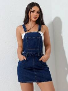 SHEIN EZwear Women Wide Strap Button Pocket Simple Casual Denim Jumpsuit Dress