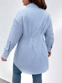 Calvaya Plus Size Casual Striped Pleated Cinched Waist Shirt, Autumn - Blue - View 2