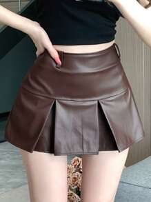 DAZY Women Solid Color Pleated PU Skirt Fall Skirts