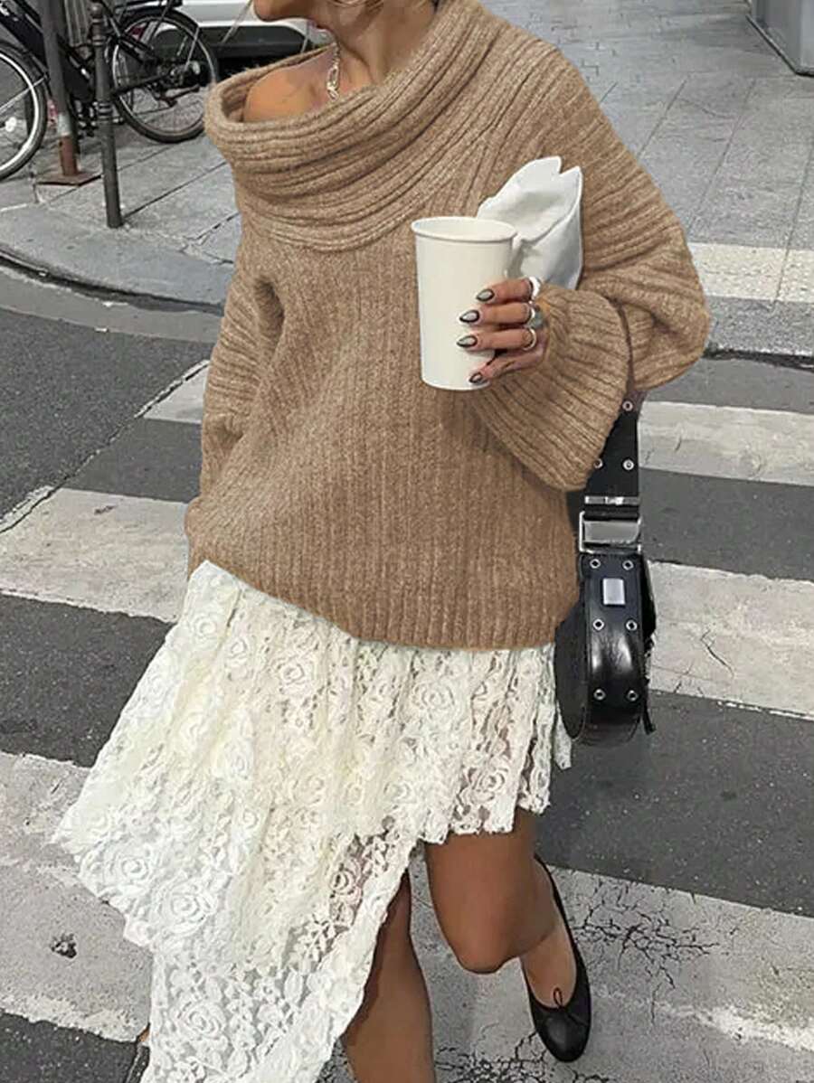 INAWLY Pull ample pour femme à col châle avec épaules dénudées