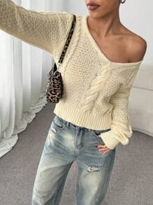 Flirla Damen V-Ausschnitt Langarm Lässig Strickpullover, einfarbig, Herbst/Winter Strickpullover - Weiss - Übersicht 3